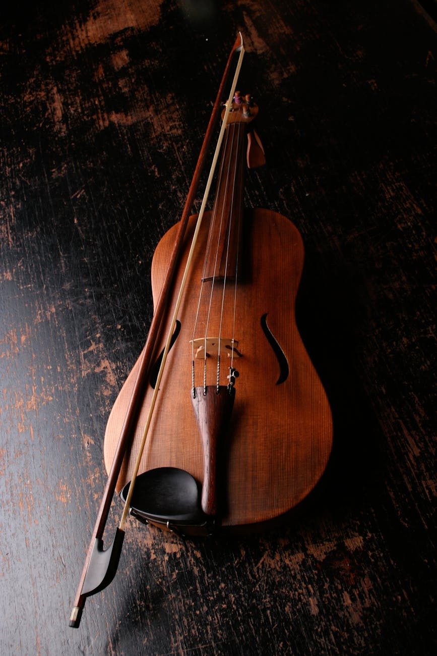 https://www.pexels.com/photo/brown-wooden-violin-and-violin-bow-34221/
